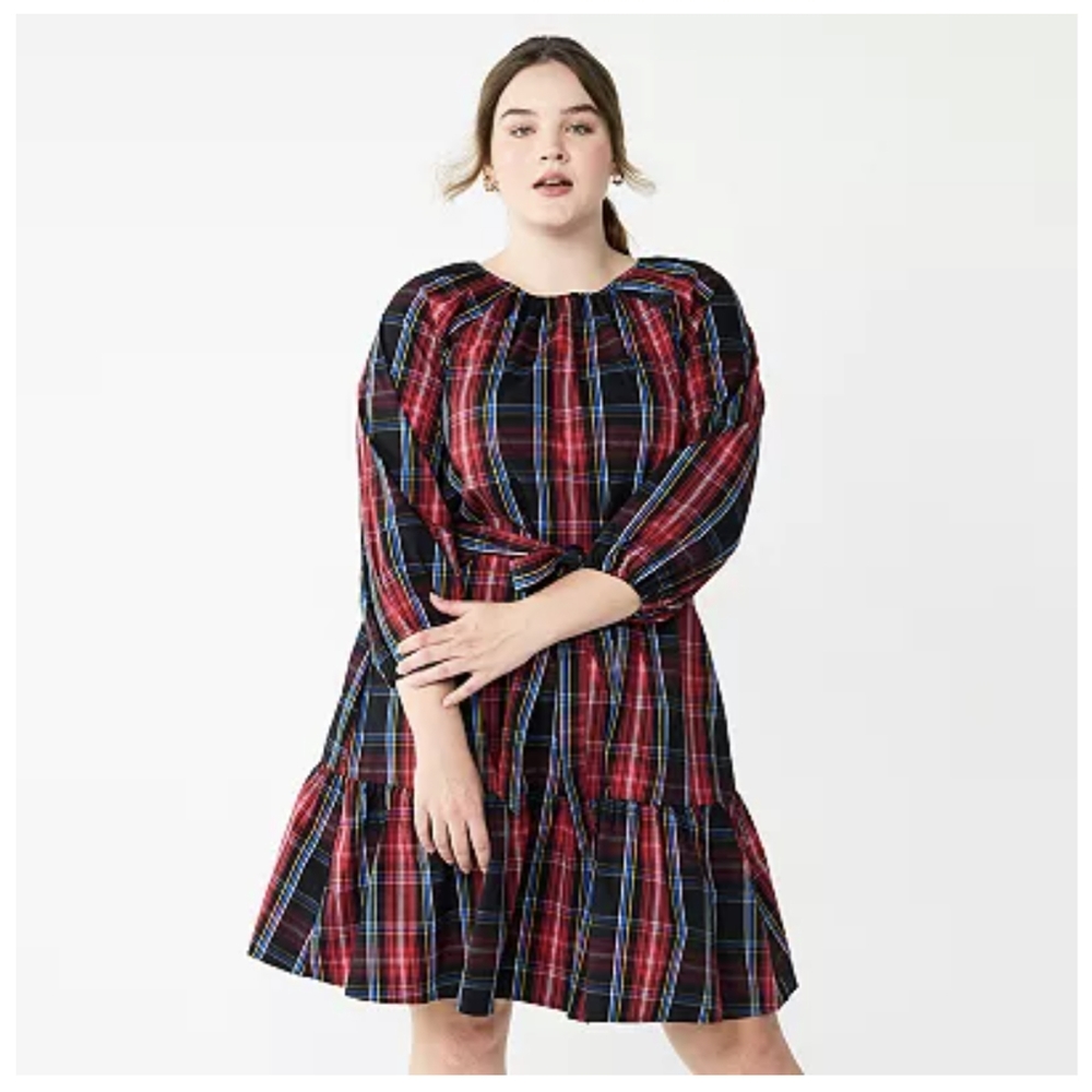 Draper James RSVP Plaid Bow Back 3/4 Sleeve Dress 2X NWT